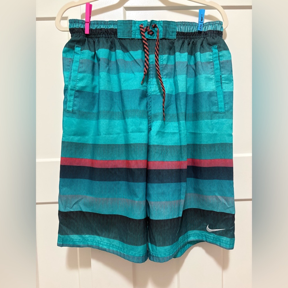 Nike Men's Teal and Red Striped Swim Trunks